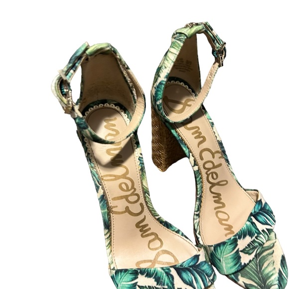 SAM EDELMAN Women's Cream & Green Leaf Print Tropical Open Toe Block Heel-Sz 8.5 - Picture 7 of 14